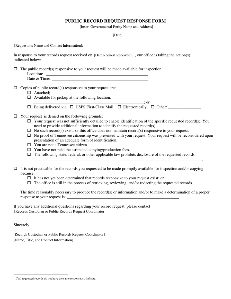 Public Record Request Response Form - Tennessee, Page 1