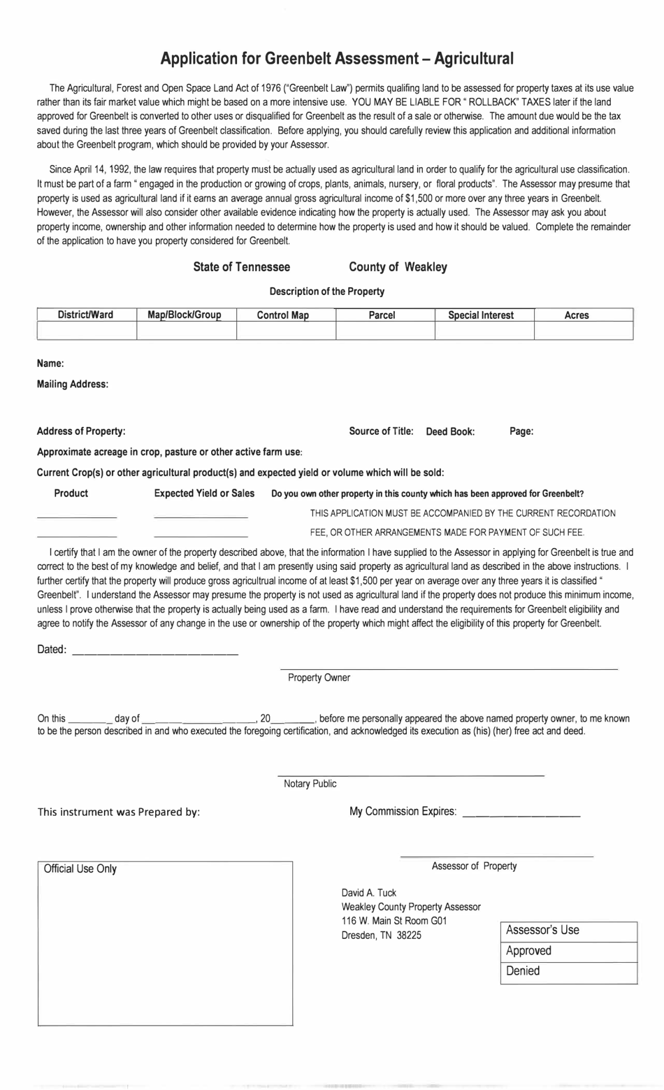 Application for Greenbelt Assessment - Weakley County, Tennessee, Page 3