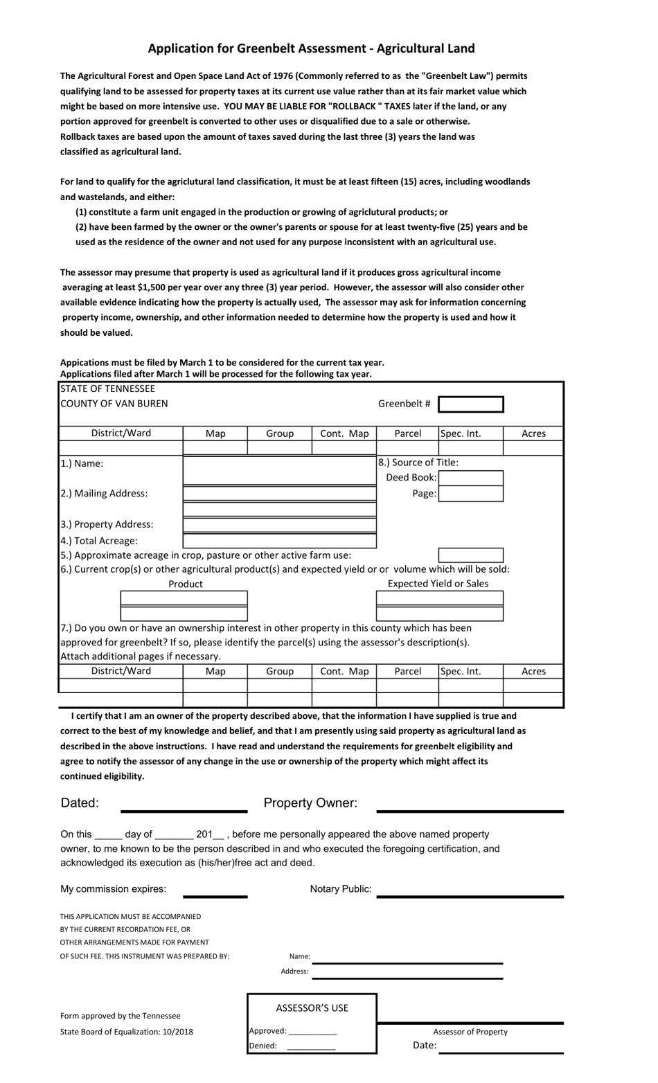 Van Buren County, Tennessee Application for Greenbelt Assessment - Fill ...