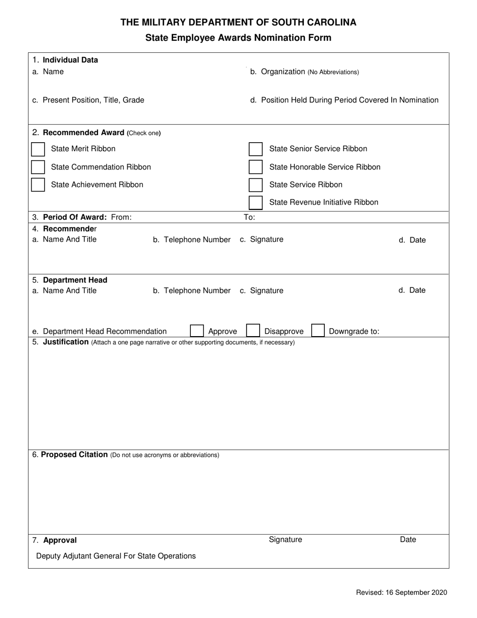 South Carolina State Employee Awards Nomination Form Fill Out, Sign