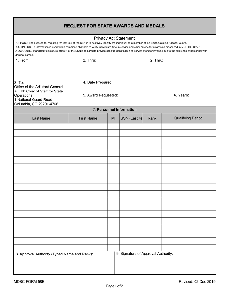 MDSC Form 58E Request for State Awards and Medals - South Carolina, Page 1