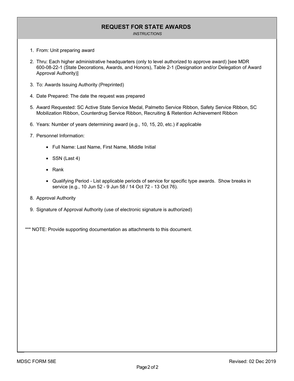 MDSC Form 58E Request for State Awards and Medals - South Carolina, Page 2