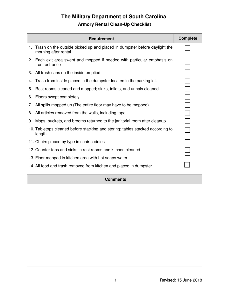 Armory Rental Clean-Up Checklist - South Carolina, Page 1