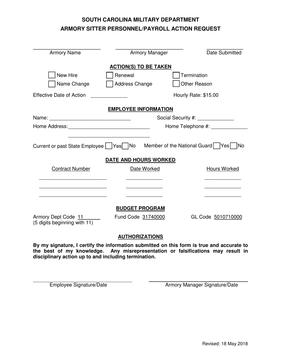 Armory Sitter Personnel / Payroll Action Request - South Carolina, Page 1