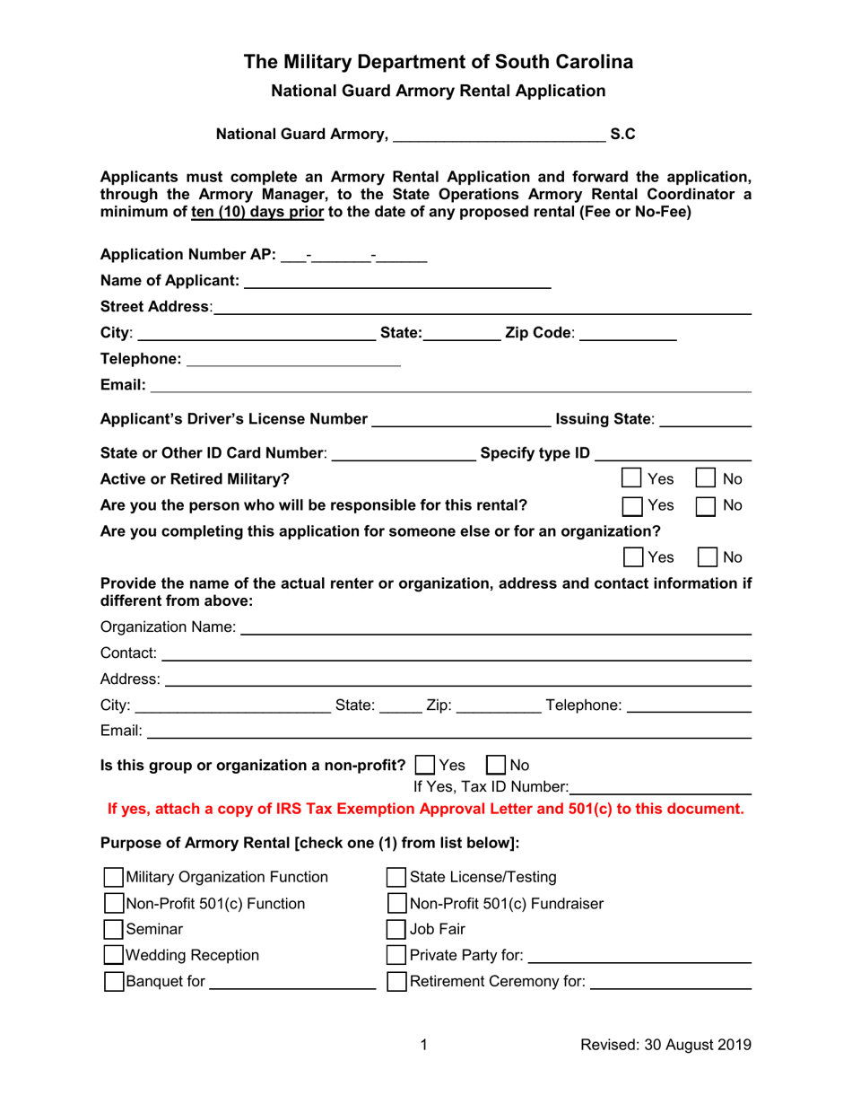 National Guard Armory Rental Application - South Carolina, Page 1
