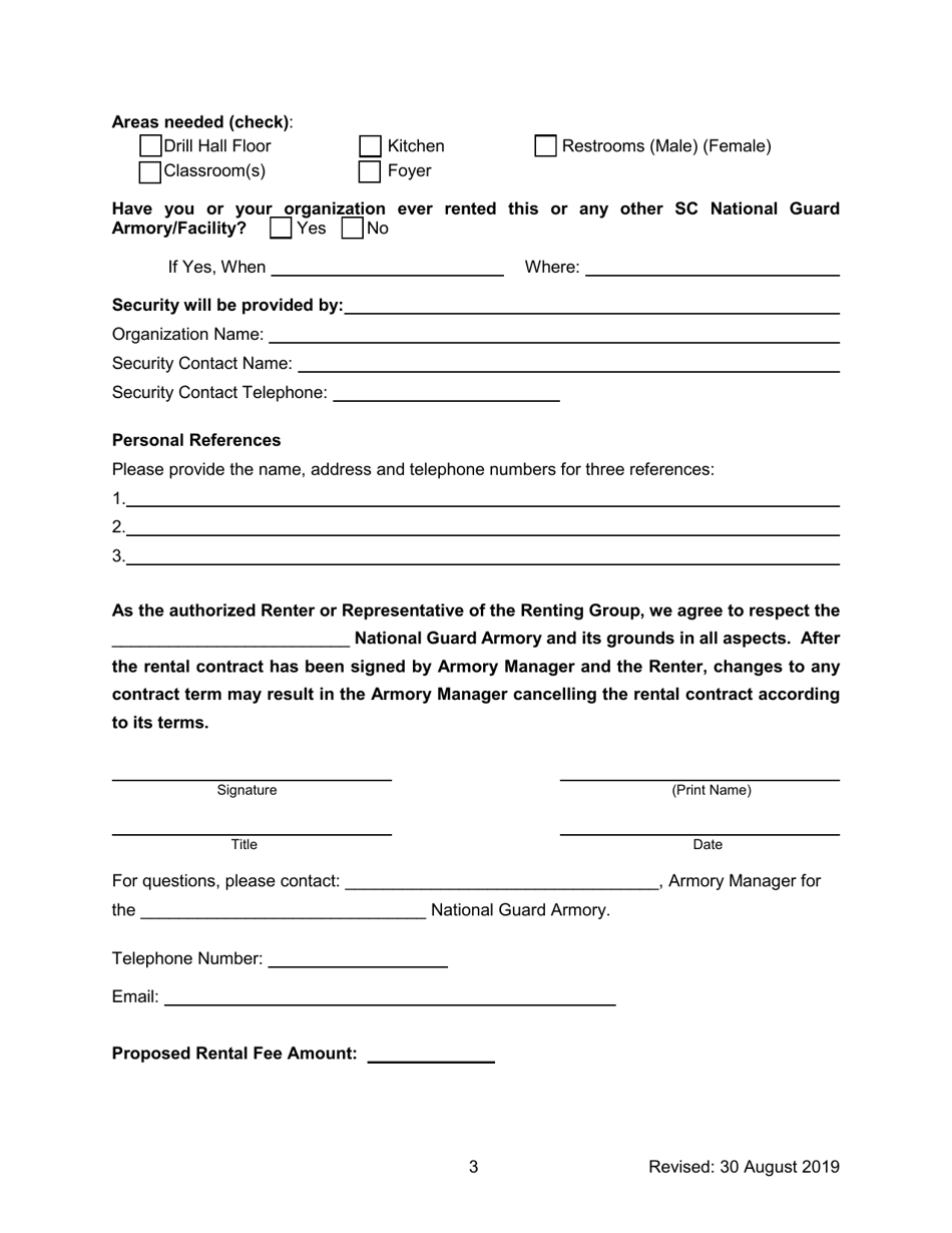 National Guard Armory Rental Application - South Carolina, Page 3