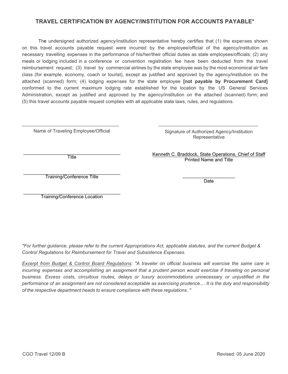 Travel Certification by Agency / Institution for Accounts Payable - South Carolina, Page 1