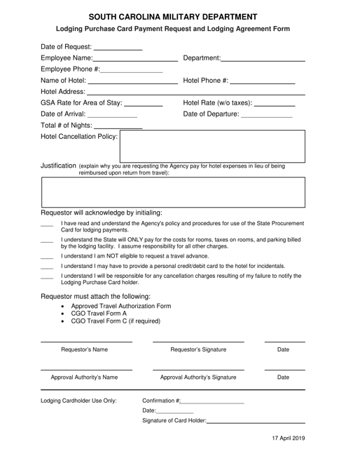 Lodging Purchase Card Payment Request and Lodging Agreement Form - South Carolina Download Pdf