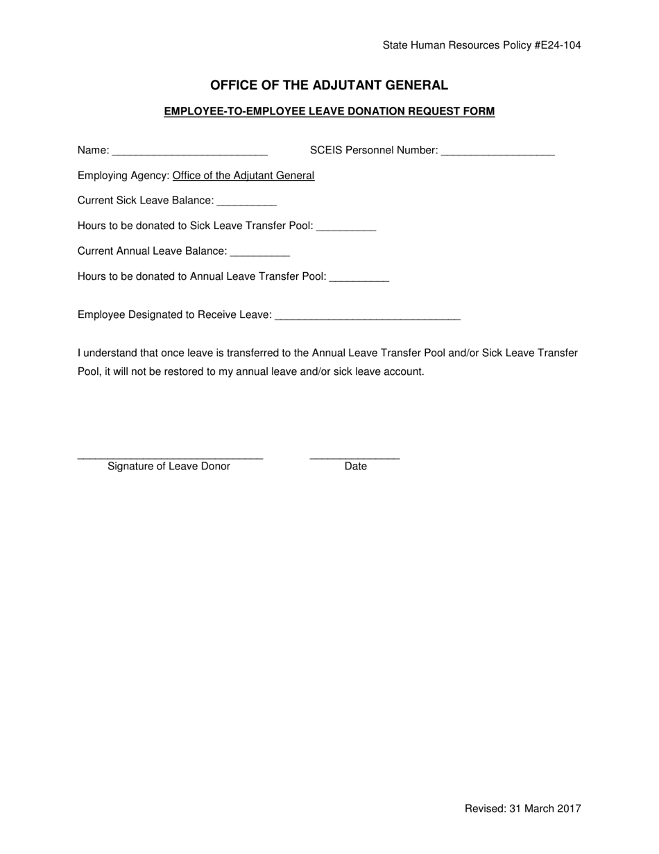 Employee-To-Employee Leave Donation Request Form - South Carolina, Page 1
