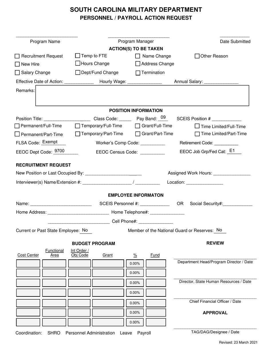 Personnel / Payroll Action Request - South Carolina, Page 1