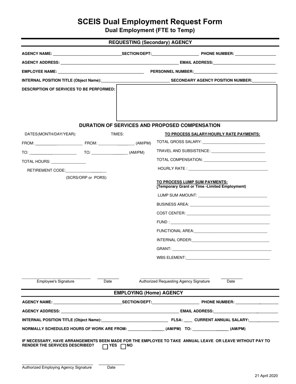 Sceis Dual Employment Request Form - South Carolina, Page 1
