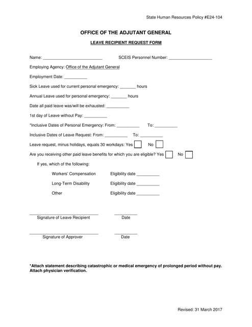 &quot;Leave Recipient Request Form&quot; - South Carolina Download Pdf