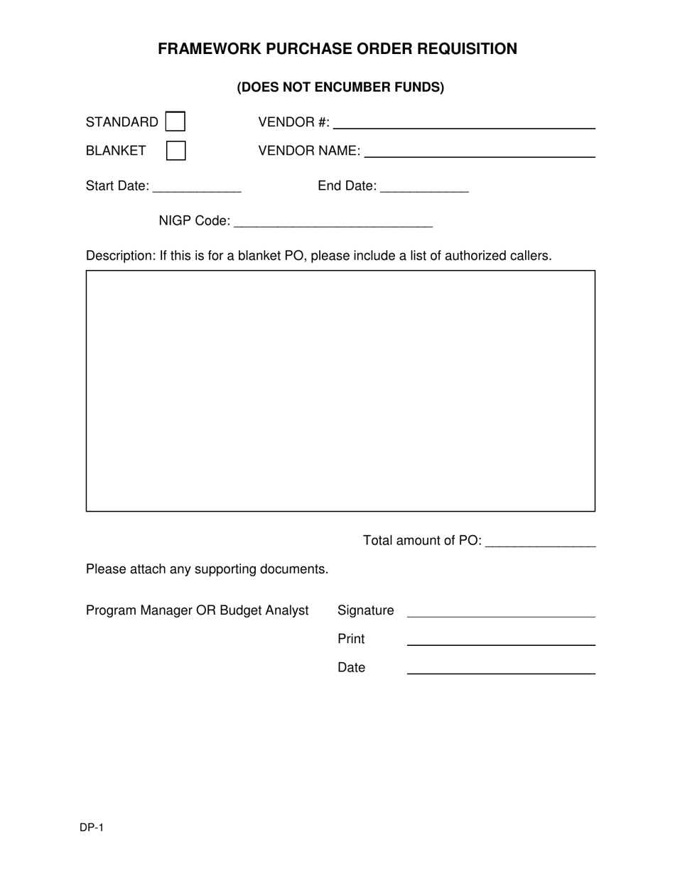 Form DP-1 Framework Purchase Order Requisition - South Carolina, Page 1