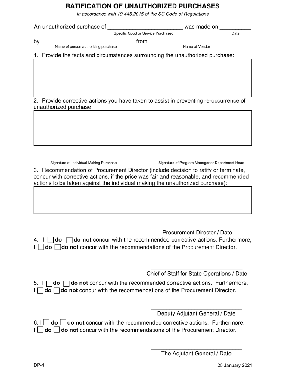 Form DP-4 Ratification of Unauthorized Purchases - South Carolina, Page 1