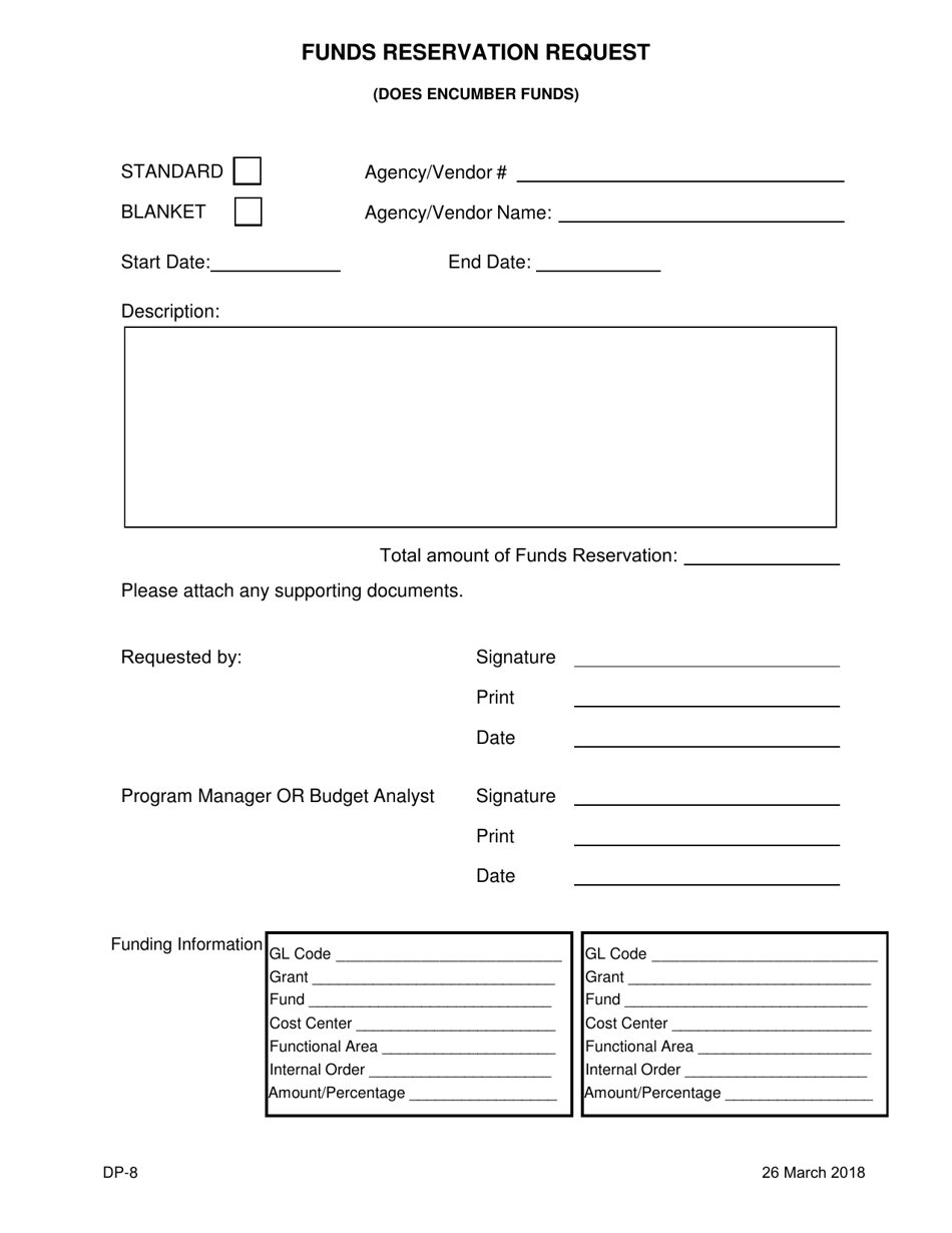 Form DP-8 Funds Reservation Request - South Carolina, Page 1