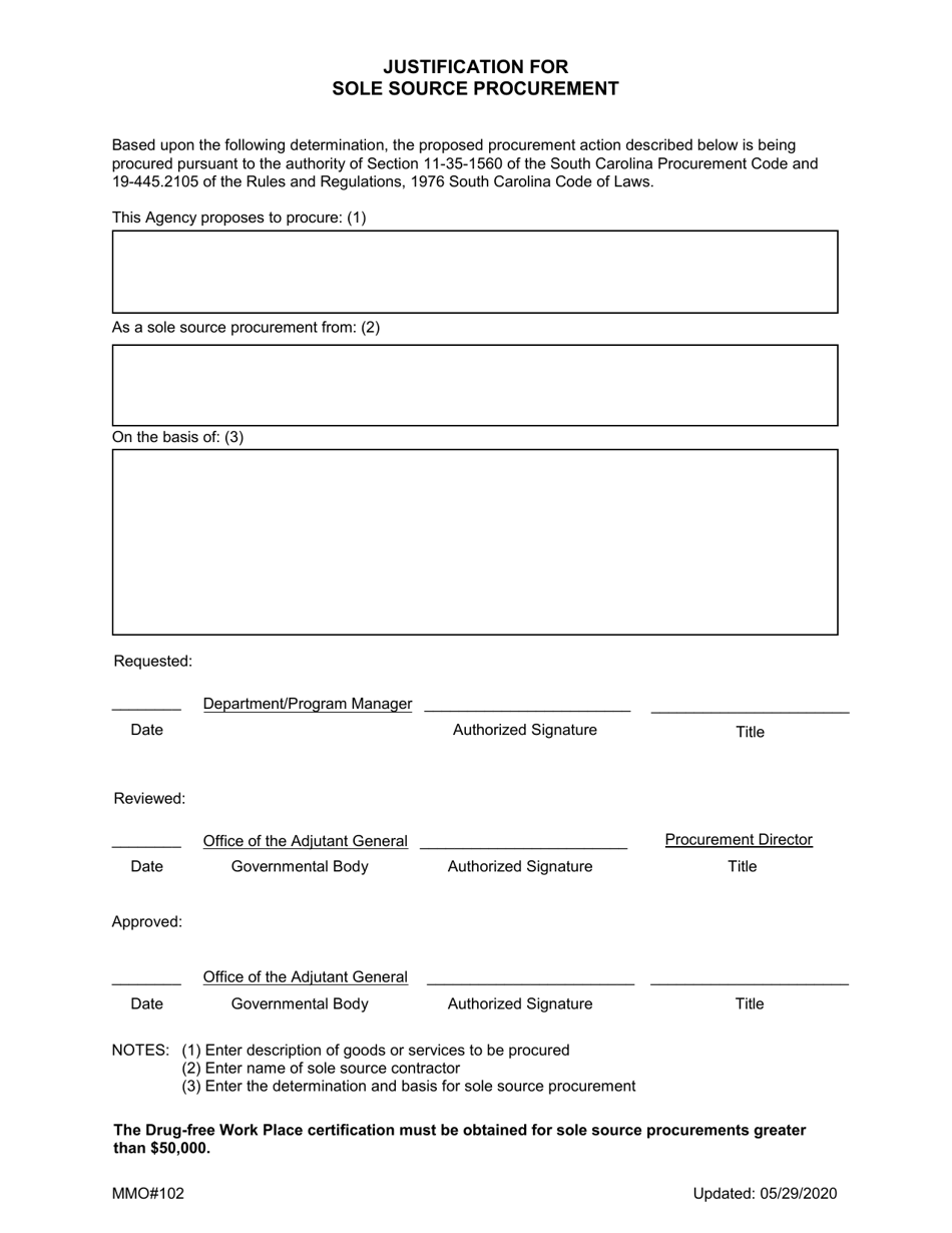Form MMO102 Justification for Sole Source Procurement - South Carolina, Page 1