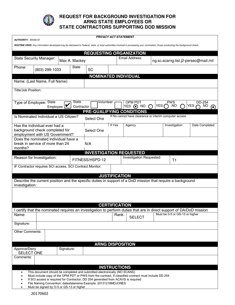 Request for Background Investigation for Arng State Employees or State Contractors Supporting DoD Mission - South Carolina, Page 1