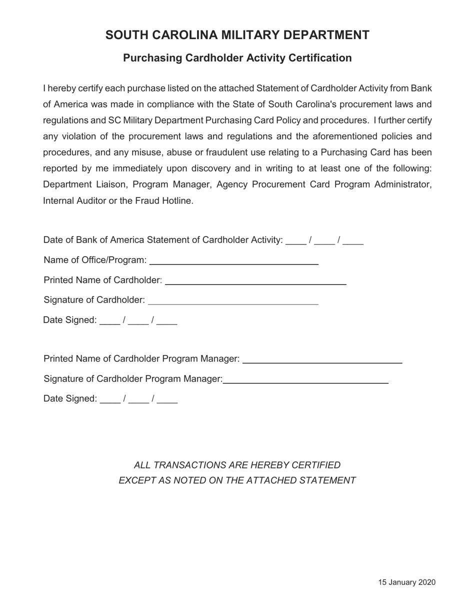 Purchasing Cardholder Activity Certification - South Carolina, Page 1