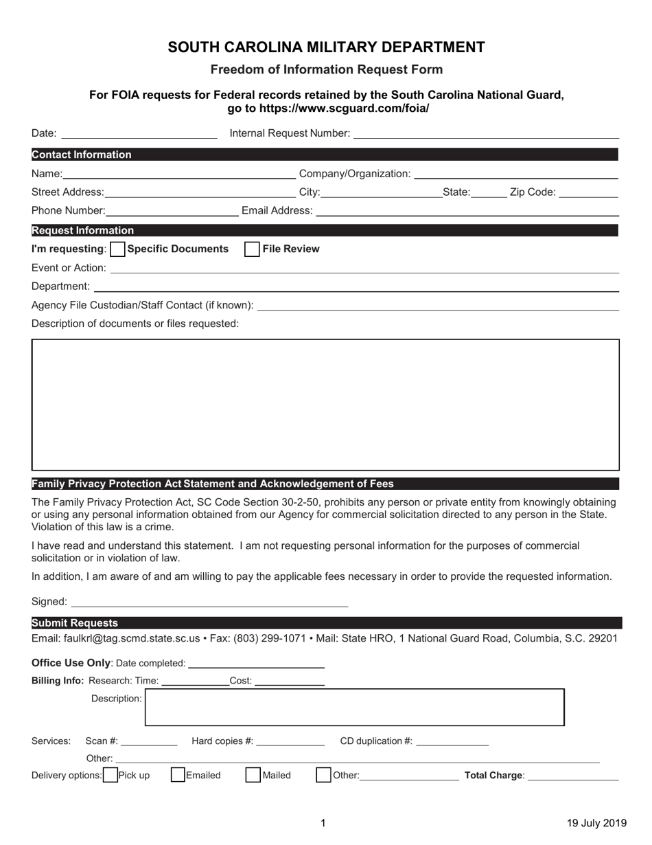 Freedom of Information Request Form - South Carolina, Page 1