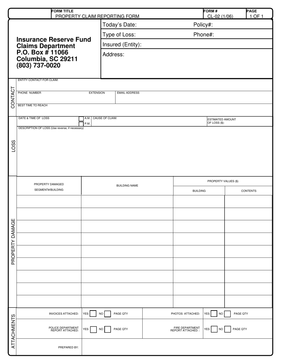 Form CL-02 Property Claim Reporting Form - South Carolina, Page 1