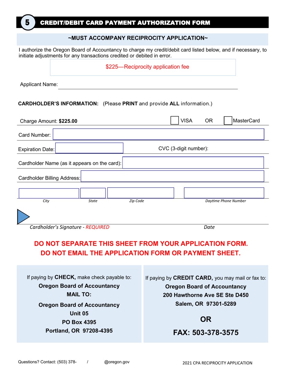 CPA Reciprocity Application for CPA Certificate and Permit to Practice Public Accounting - Oregon, Page 5