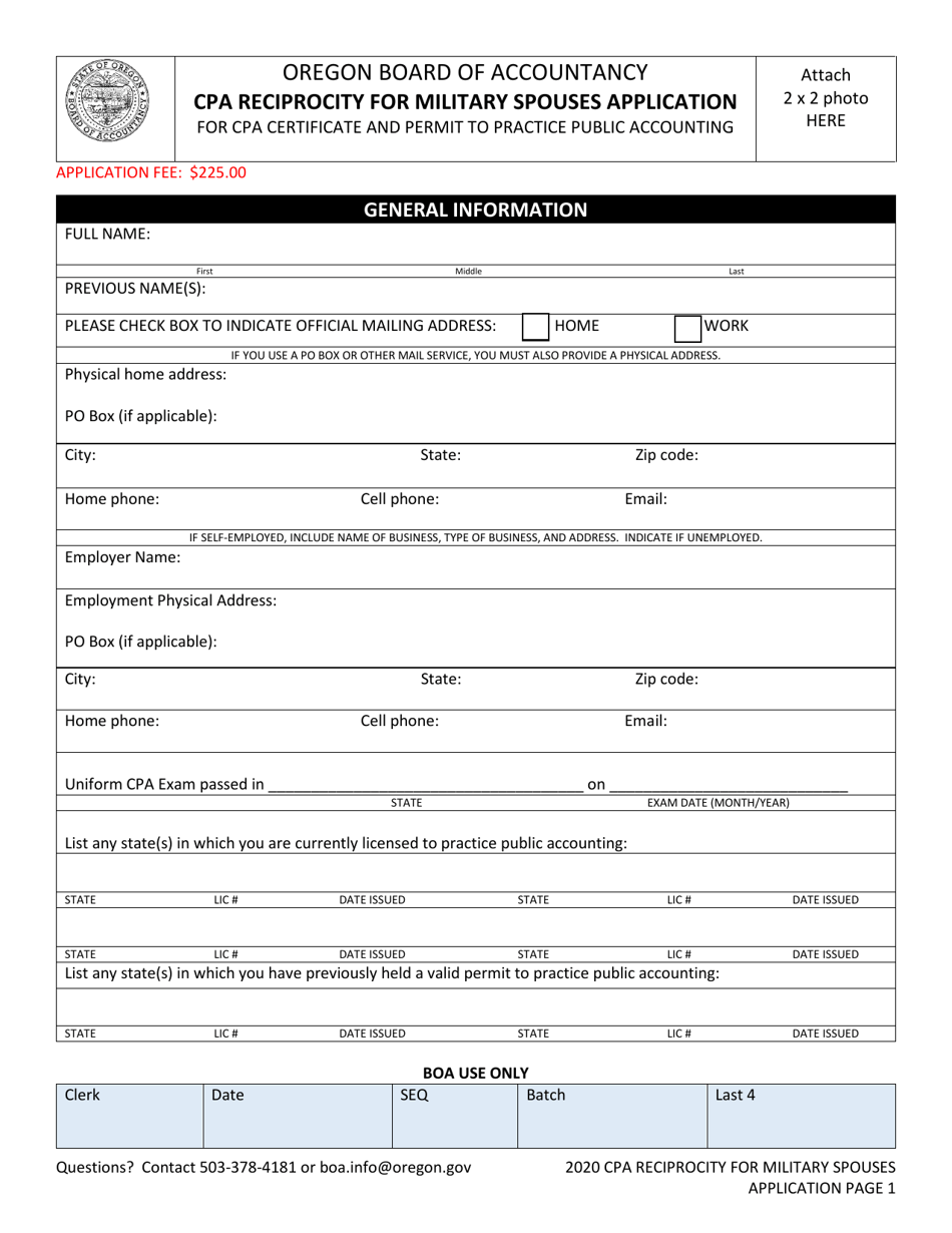 CPA Reciprocity for Military Spouses Application for CPA Certificate and Permit to Practice Public Accounting - Oregon, Page 2