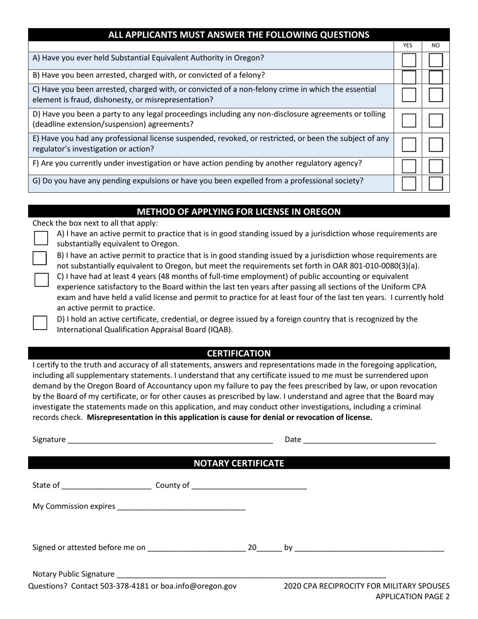 CPA Reciprocity for Military Spouses Application for CPA Certificate and Permit to Practice Public Accounting - Oregon, Page 3