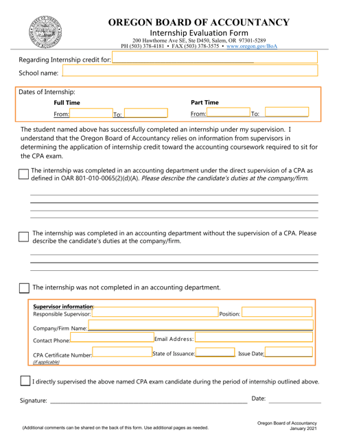 Internship Evaluation Form - Oregon Download Pdf
