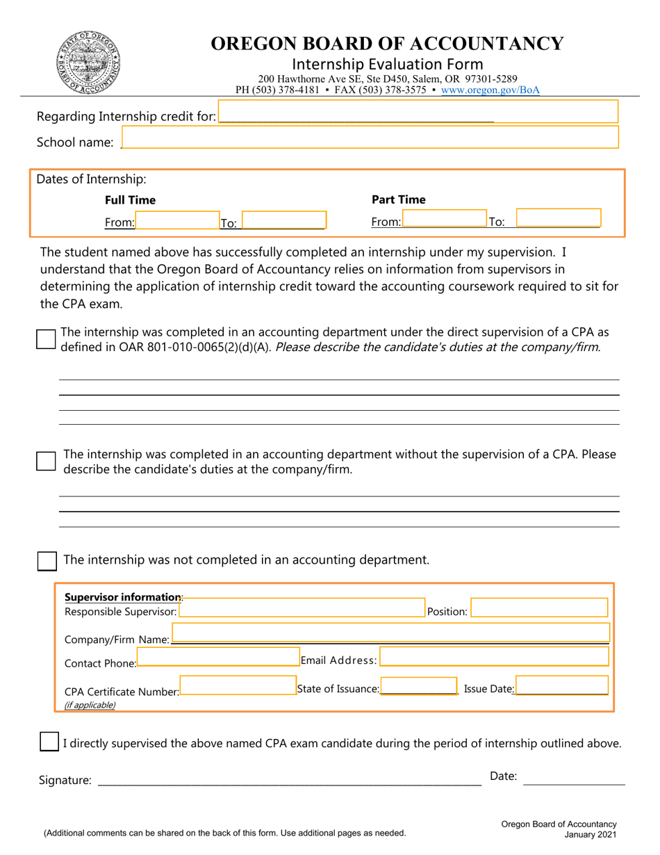 Internship Evaluation Form - Oregon, Page 1
