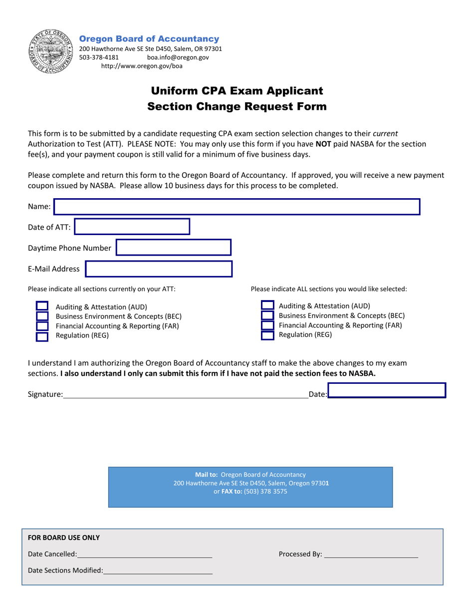 Uniform CPA Exam Applicant Section Change Request Form - Oregon, Page 1