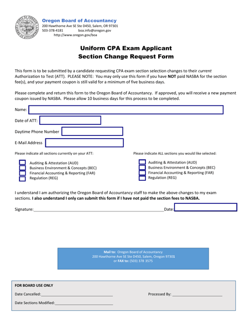 Uniform CPA Exam Applicant Section Change Request Form - Oregon Download Pdf