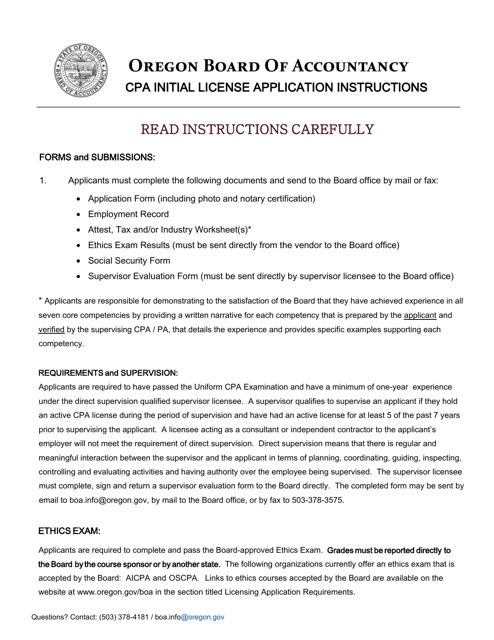 CPA Initial License Application - Oregon Download Pdf