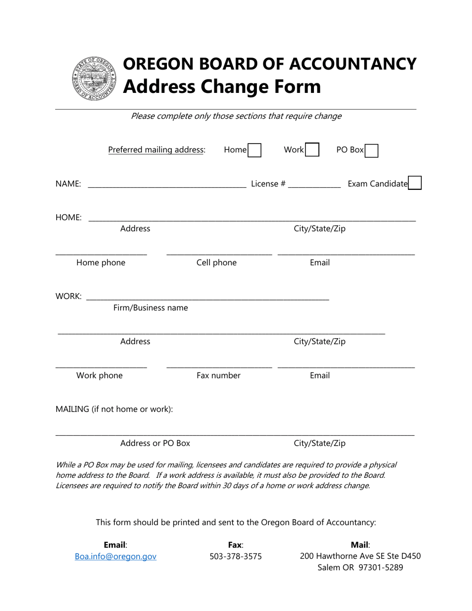 Address Change Form - Oregon, Page 1