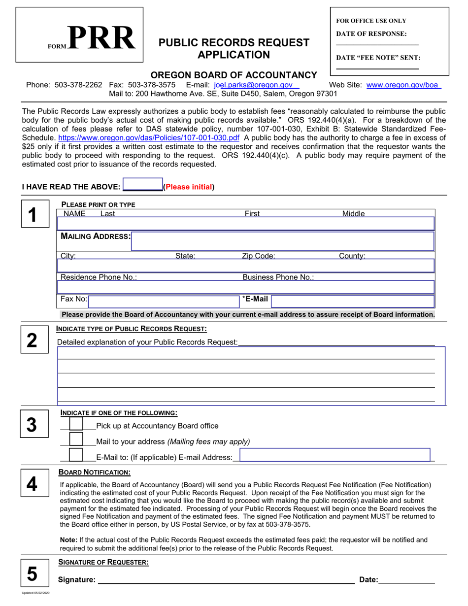 Form PRR Public Records Request Application - Oregon, Page 1