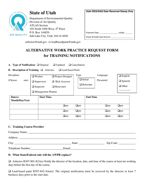 Alternative Work Practice Request Form for Training Notifications - Utah