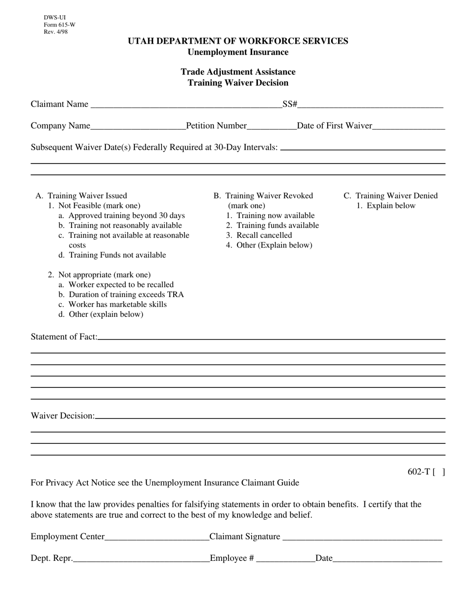 DWS-UI Form 615-W Trade Adjustment Assistance Training Waiver Decision - Utah, Page 1