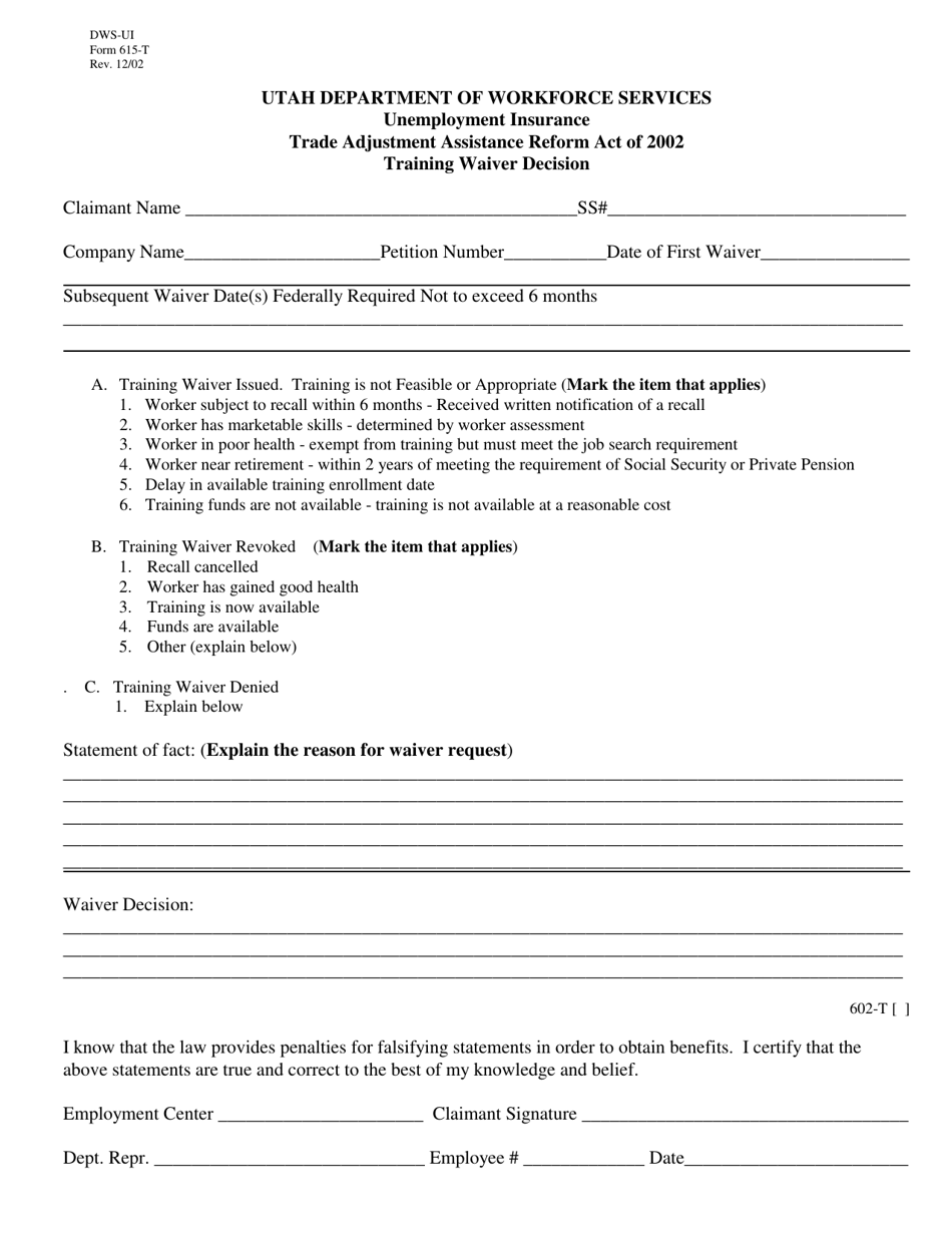 DWS-UI Form 615-T Trade Adjustment Assistance Reform Act of 2002 Training Waiver Decision - Utah, Page 1