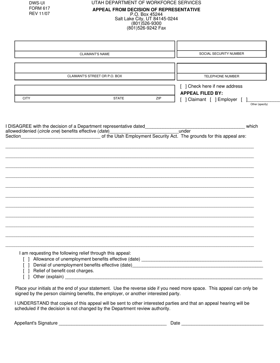 DWS-UI Form 617 - Fill Out, Sign Online and Download Printable PDF ...