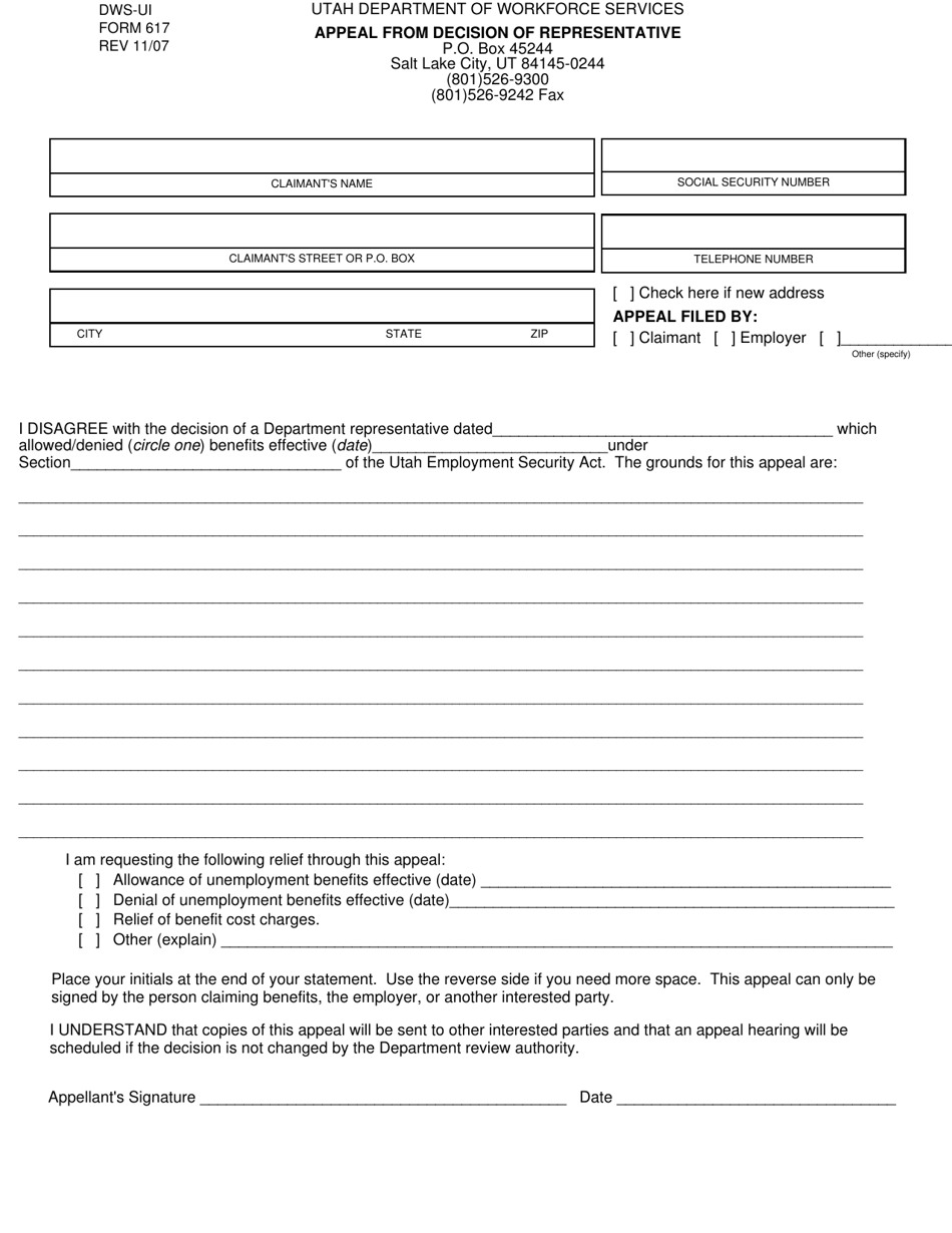 DWS-UI Form 617 Appeal From Decision of Representative - Utah, Page 1