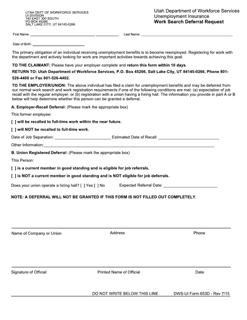 DWS-UI Form 635D Work Search Deferral Request - Utah