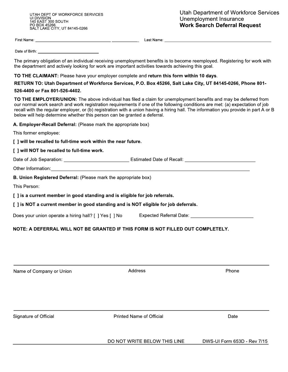 DWS-UI Form 635D Work Search Deferral Request - Utah, Page 1