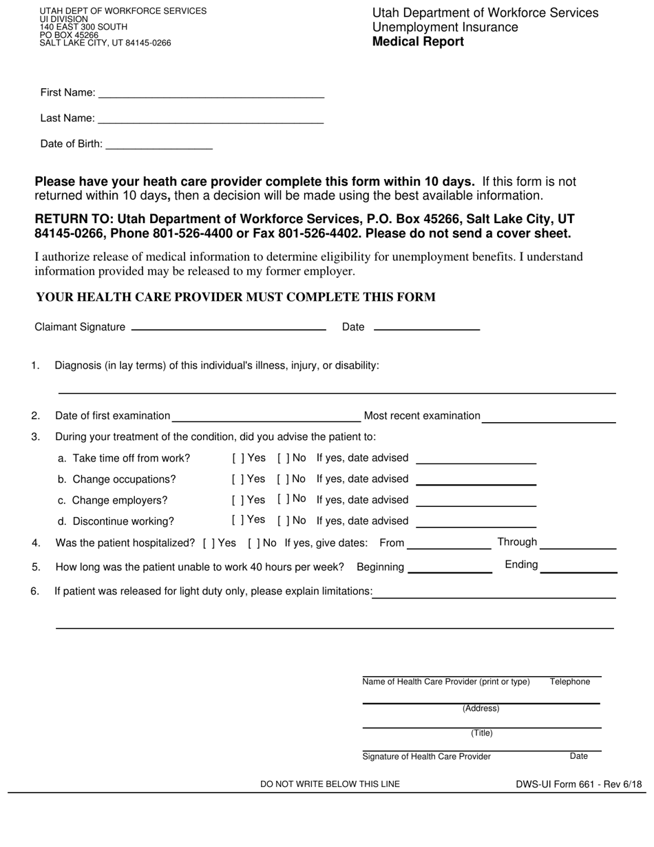 DWS-UI Form 661 Medical Report - Utah, Page 1