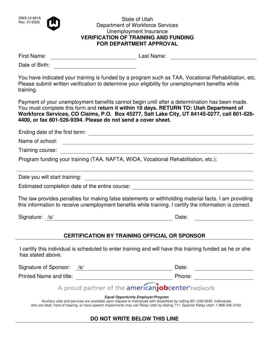 DWS-UI Form 681A Verification of Training and Funding for Department Approval - Utah, Page 1