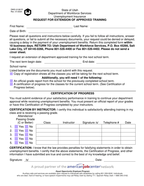 DWS-UI Form 681R Request for Extension of Approved Training - Utah