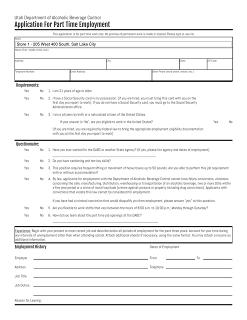 Application for Part Time Employment - Utah Download Pdf