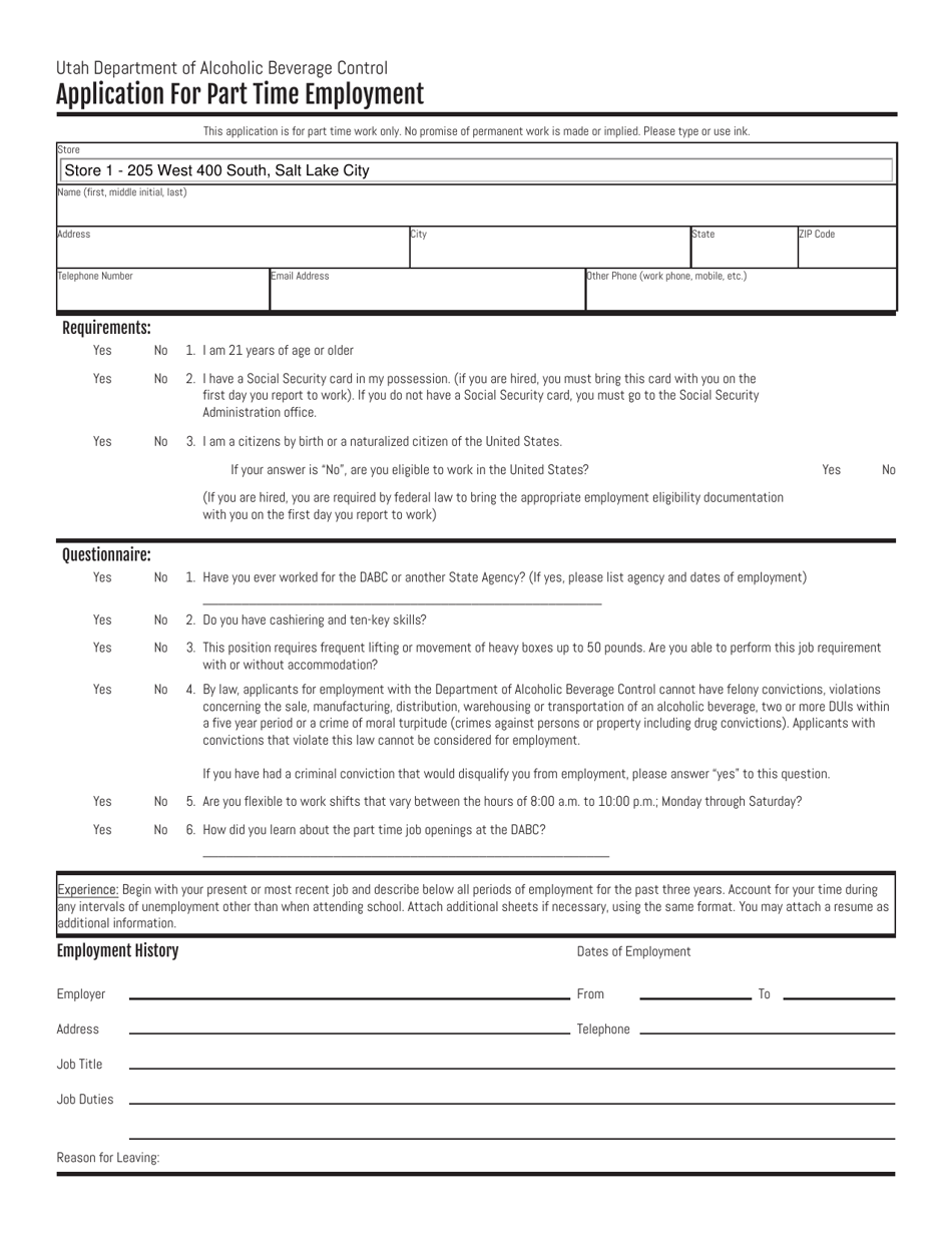 Application for Part Time Employment - Utah, Page 1