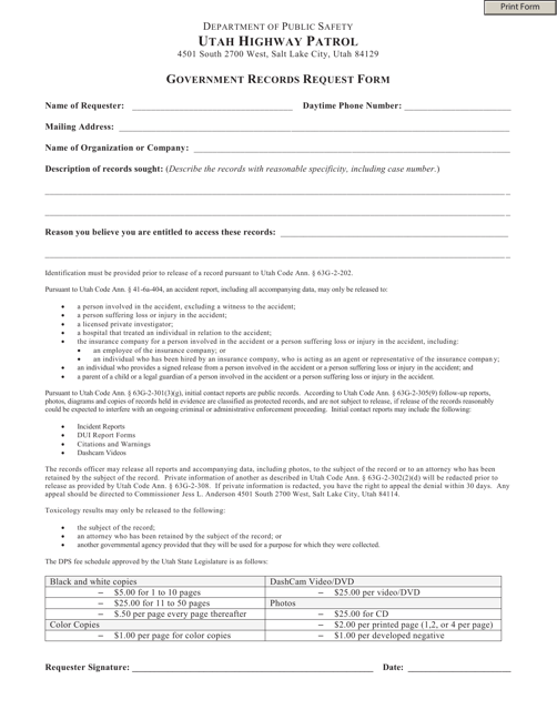Government Records Request Form - Utah Download Pdf