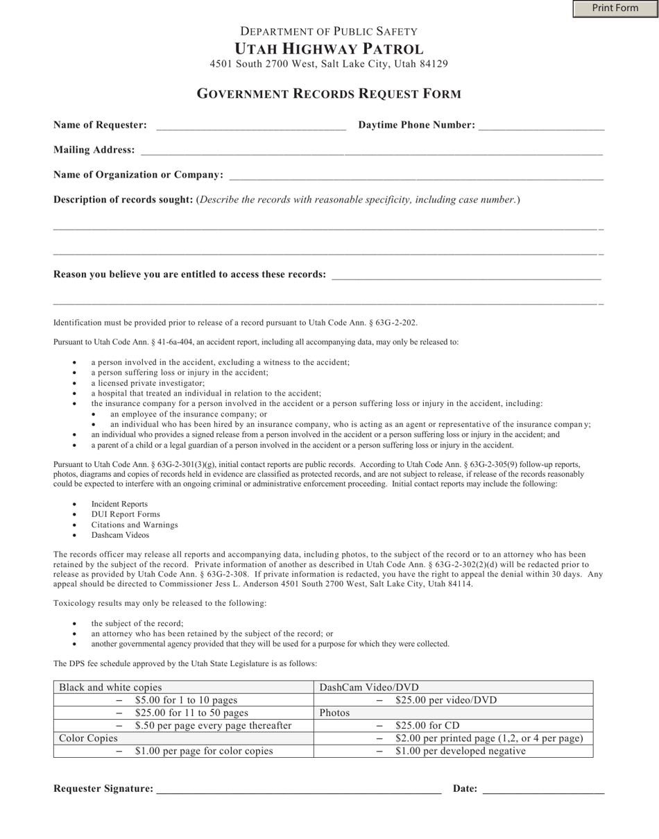 Government Records Request Form - Utah, Page 1