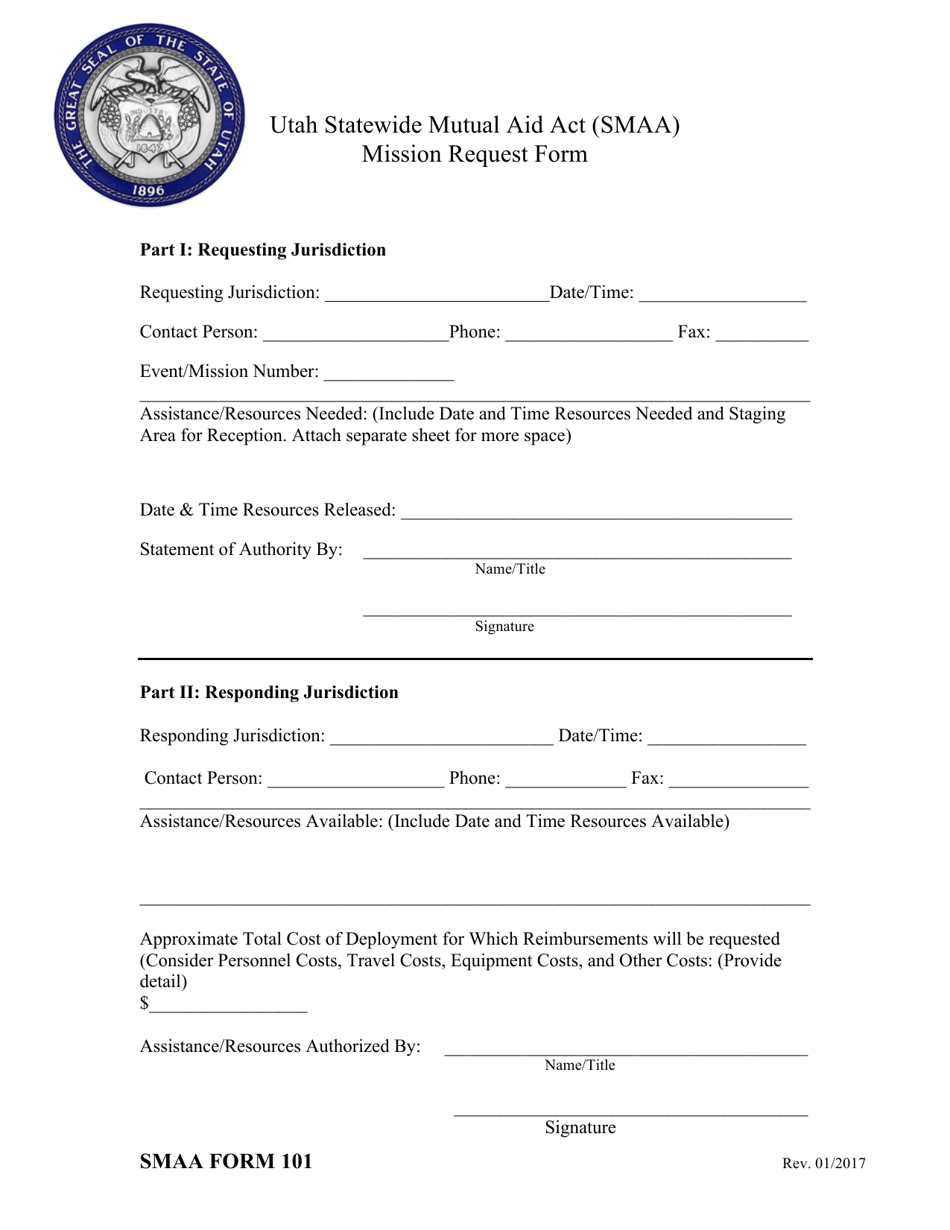 SMAA Form 101 Utah Statewide Mutual Aid Act (Smaa) Mission Request Form - Utah, Page 1