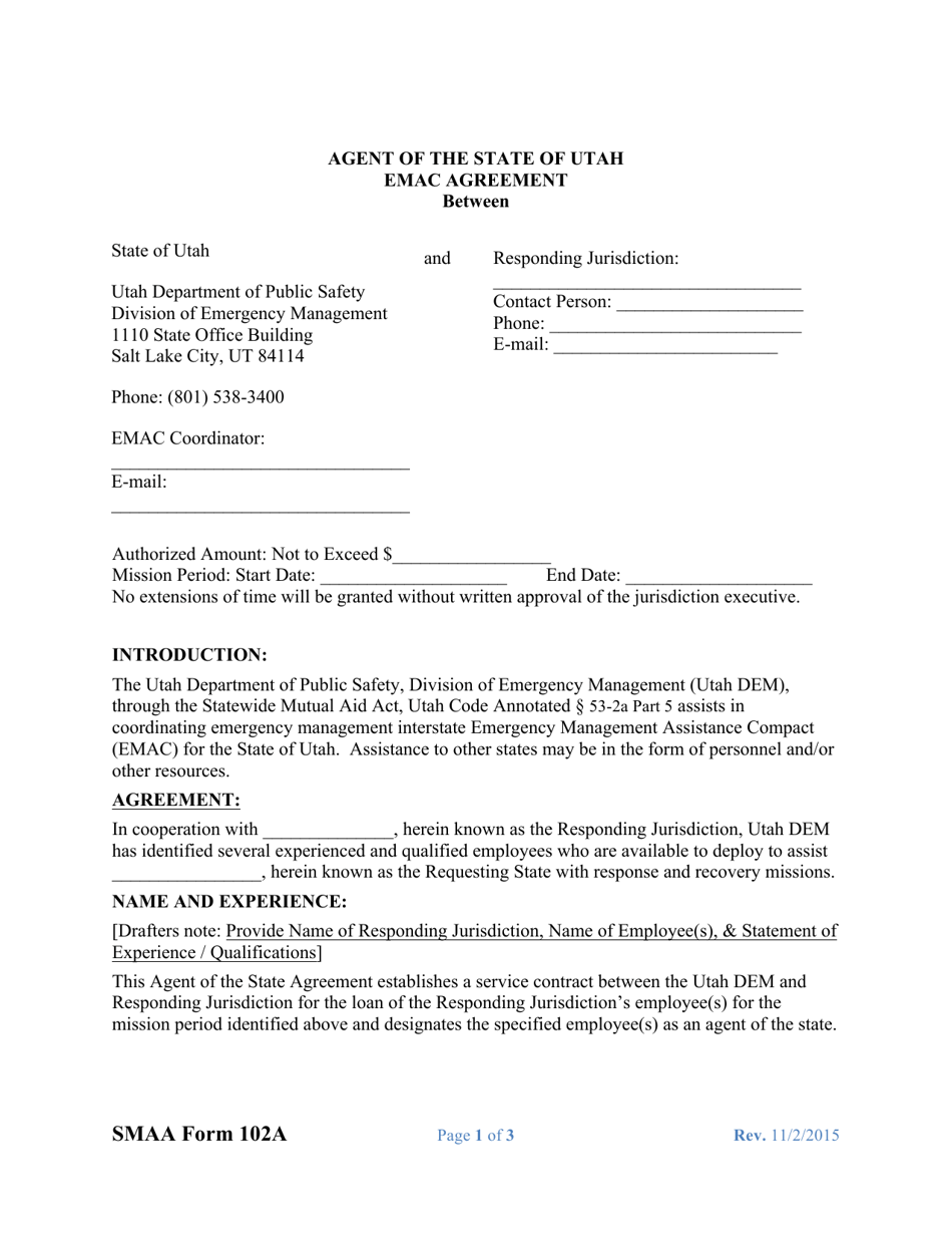 SMAA Form 102A Agent of the State of Utah Emac Agreement - Utah, Page 1